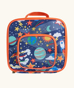 Frugi explore the stars blue pack a lunch bag showing a repeating outer space design. Main and a small front compartment and a carry handle