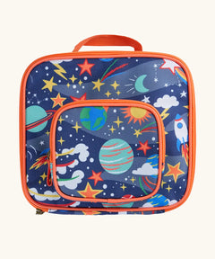 Frugi explore the stars blue pack a lunch bag showing a repeating outer space design. Main and a small front compartment and a carry handle