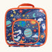 Frugi explore the stars blue pack a lunch bag showing a repeating outer space design. Main and a small front compartment and a carry handle