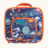 Frugi explore the stars blue pack a lunch bag showing a repeating outer space design. Main and a small front compartment and a carry handle