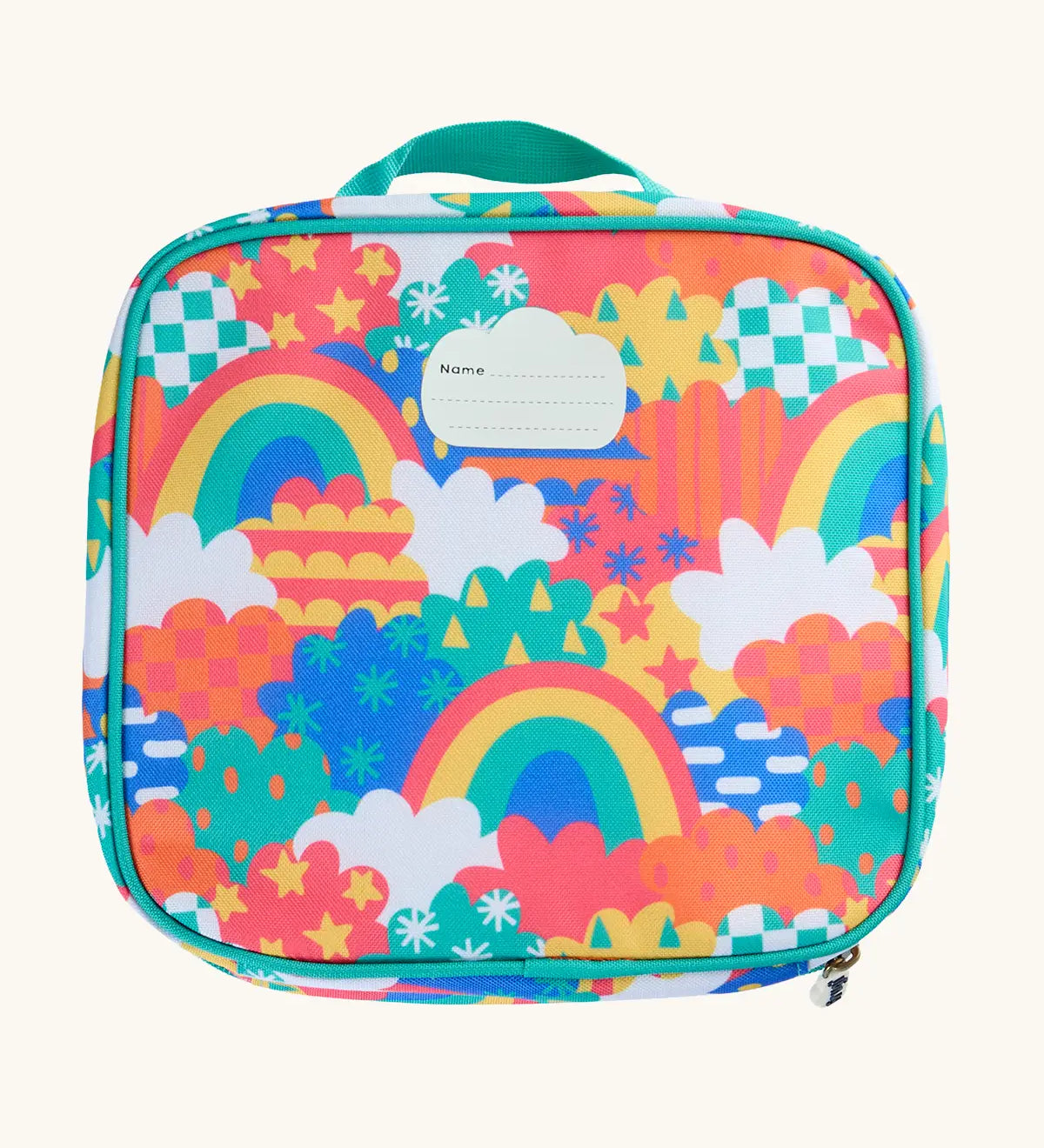 Back of Frugi fun frenzy pack a lunch bag showing a repeating multicoloured abstract cloud design and name tag