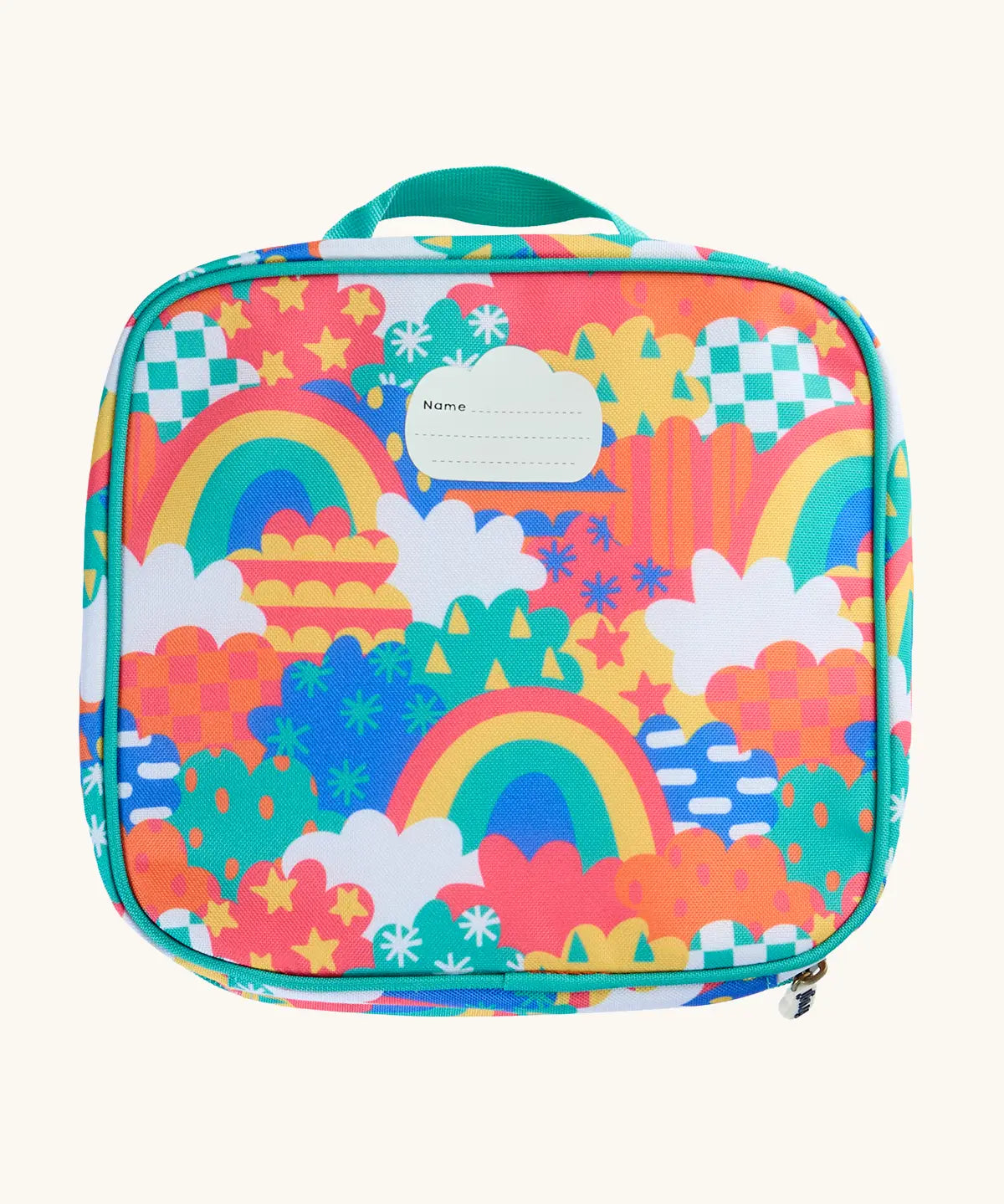 Back of Frugi fun frenzy pack a lunch bag showing a repeating multicoloured abstract cloud design and name tag