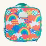 Back of Frugi fun frenzy pack a lunch bag showing a repeating multicoloured abstract cloud design and name tag