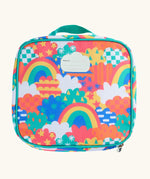 Back of Frugi fun frenzy pack a lunch bag showing a repeating multicoloured abstract cloud design and name tag