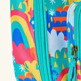 Frugi fun frenzy pack a lunch bag showing a close up of the repeating multicoloured abstract cloud design and aqua trim
