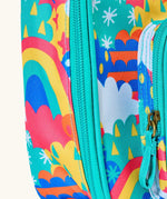 Frugi fun frenzy pack a lunch bag showing a close up of the repeating multicoloured abstract cloud design and aqua trim