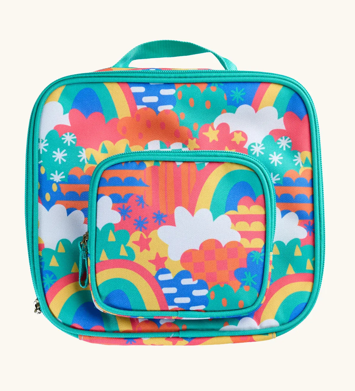Frugi fun frenzy pack a lunch bag showing a repeating multicoloured abstract cloud design. Main and a small front compartment and a carry handle
