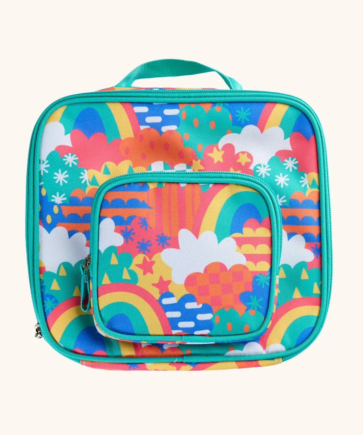 Frugi fun frenzy pack a lunch bag showing a repeating multicoloured abstract cloud design. Main and a small front compartment and a carry handle