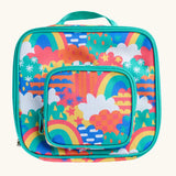Frugi fun frenzy pack a lunch bag showing a repeating multicoloured abstract cloud design. Main and a small front compartment and a carry handle