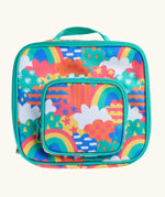Frugi fun frenzy pack a lunch bag showing a repeating multicoloured abstract cloud design. Main and a small front compartment and a carry handle