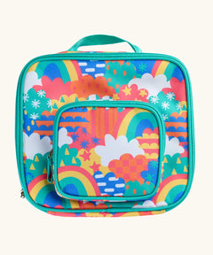 Frugi fun frenzy pack a lunch bag showing a repeating multicoloured abstract cloud design. Main and a small front compartment and a carry handle