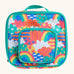 Frugi fun frenzy pack a lunch bag showing a repeating multicoloured abstract cloud design. Main and a small front compartment and a carry handle
