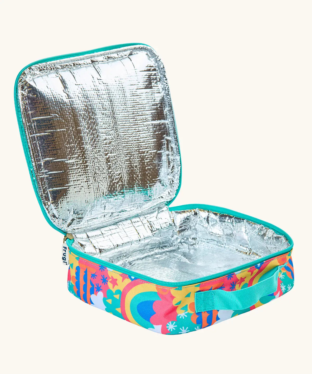 An open Frugi fun frenzy pack a lunch bag showing a insulated inner liner
