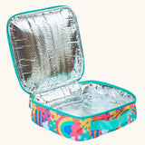 An open Frugi fun frenzy pack a lunch bag showing a insulated inner liner
