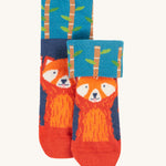 The red panda pair of socks from the Frugi Fun Fold Over Socks - Red Panda 2 Pack. Thes socks are blue, with a re panda on the front, and a bamboo fold over print