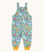 Frugi organic cotton dungarees. In a light blue and yellow trim with a  repeated farm theme print. Features button fasteners and a small pocket on the front