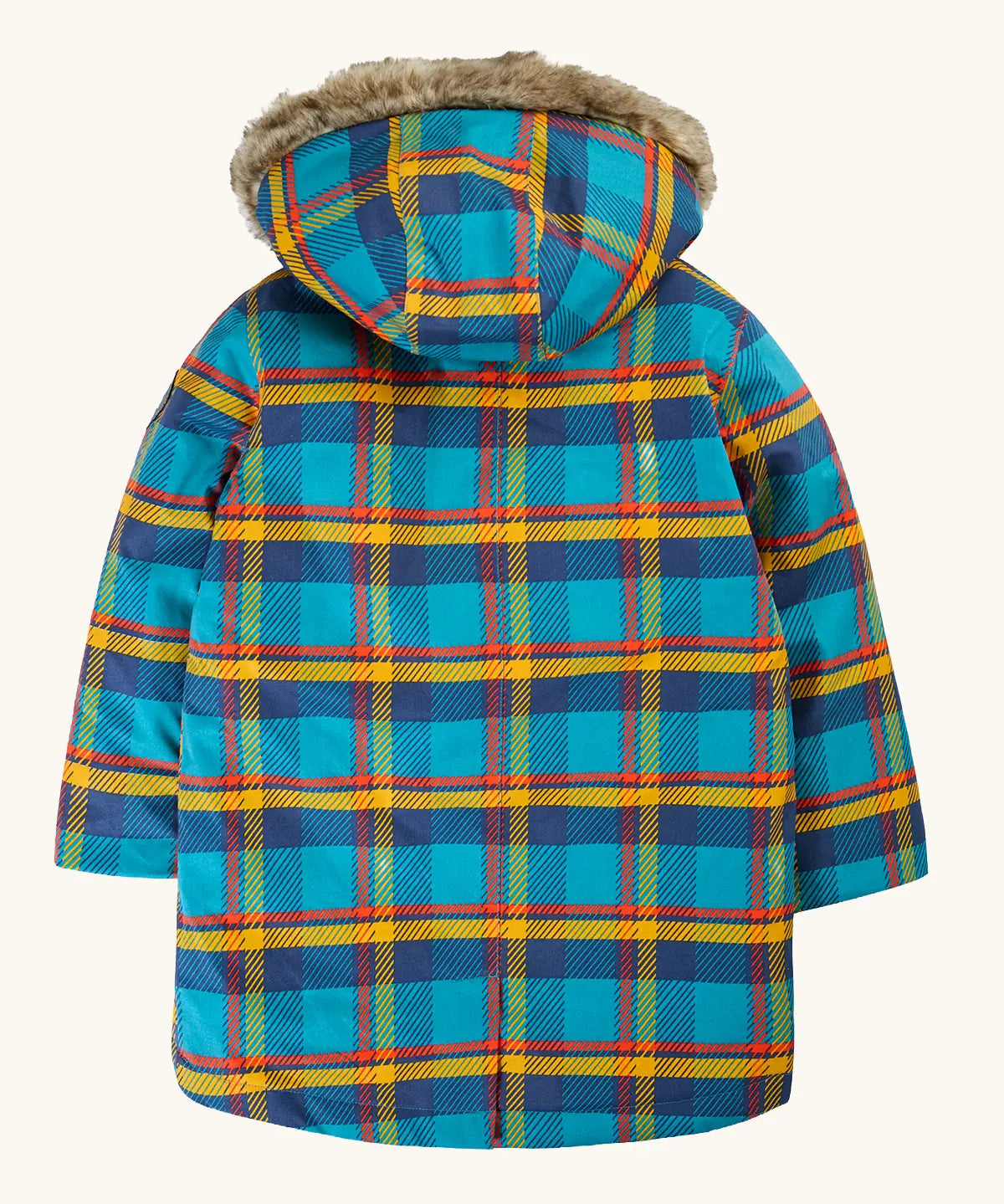 Back of the Frugi's Penhale parka coat in a blue red and yellow tartan check. Coat had a fur trim on the hood and fishtail bottom