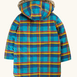 Back of the Frugi's Penhale parka coat in a blue red and yellow tartan check. Coat had a fur trim on the hood and fishtail bottom