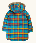 Back of the Frugi's Penhale parka coat in a blue red and yellow tartan check. Coat had a fur trim on the hood and fishtail bottom