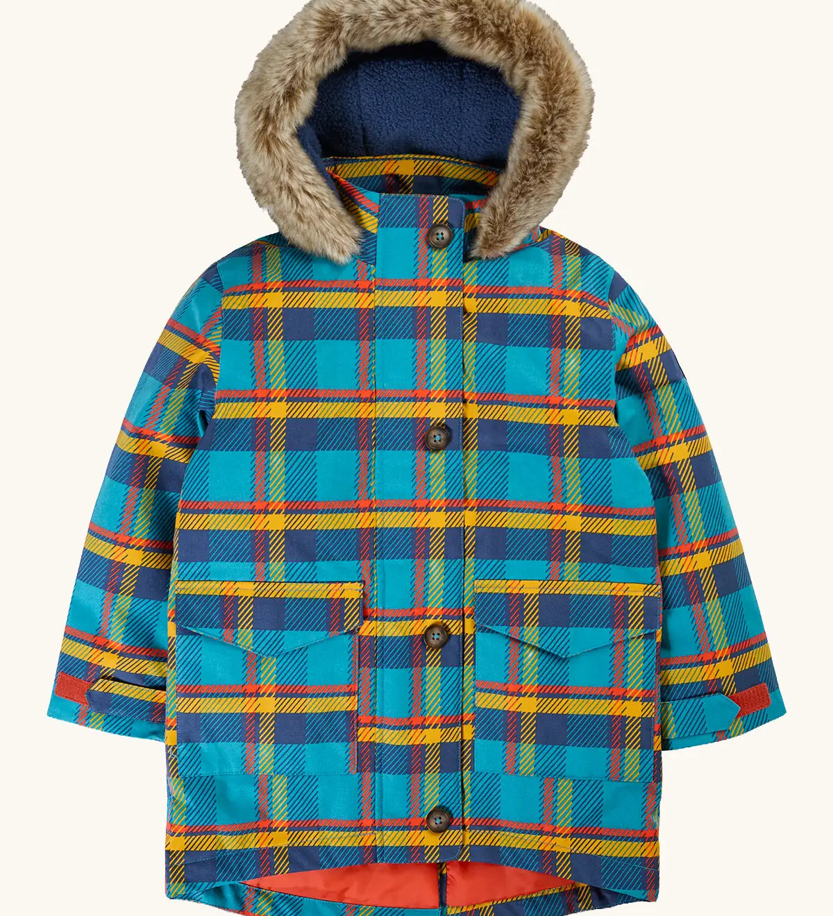 Frugi Penhale parka coat in a blue, yellow and red tartan design. Features side pockets, full length button fasteners, fleece inner and a furry hood
