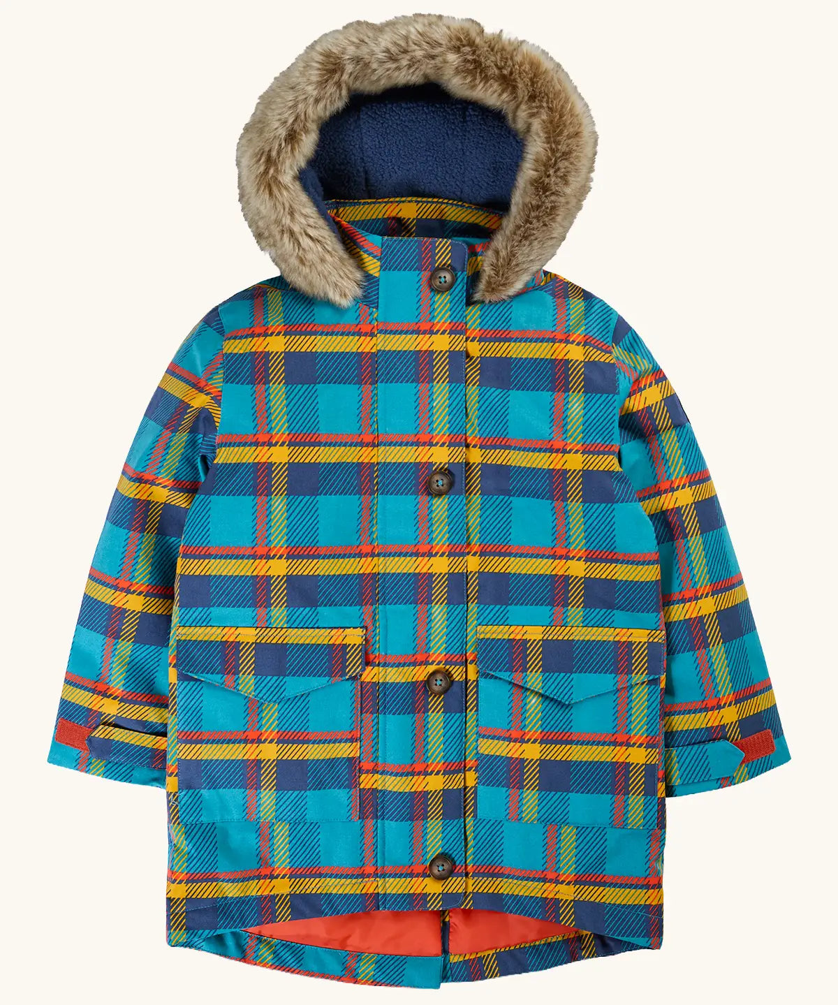 Frugi Penhale parka coat in a blue, yellow and red tartan design. Features side pockets, full length button fasteners, fleece inner and a furry hood