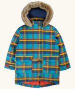 Frugi Penhale parka coat in a blue, yellow and red tartan design. Features side pockets, full length button fasteners, fleece inner and a furry hood