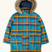 Frugi Penhale parka coat in a blue, yellow and red tartan design. Features side pockets, full length button fasteners, fleece inner and a furry hood
