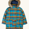 Frugi Penhale parka coat in a blue, yellow and red tartan design. Features side pockets, full length button fasteners, fleece inner and a furry hood