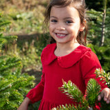 A close up of a child wearing Frugi Peony Corduroy Dress Red Robin showing the frilled collar detail. This is a Christmas party dress made from GOTS organic cotton - available at Babipur.
