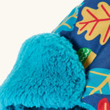 Frugi kids navy playtime trapper hat showing close up of the aqua fleece inner liner on the front flap