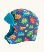 Frugi kids navy playtime trapper hat with a repeating leaf and acorn design and aqua fleece inner lining.