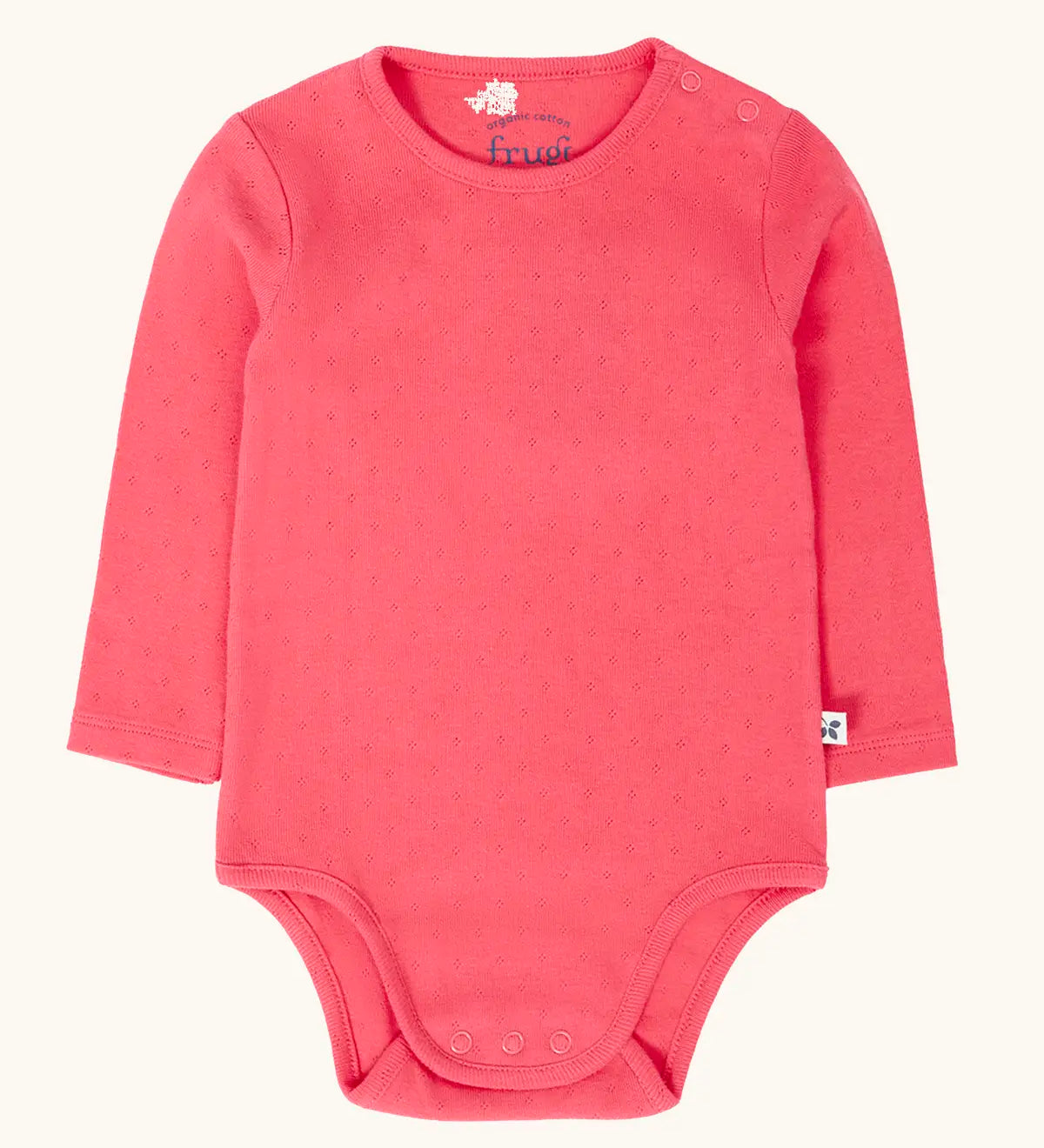 Frugi baby GOTS organic cotton pointelle body in rhubarb pink. features popper fasteners on the shoulder and gusset for easy dressing