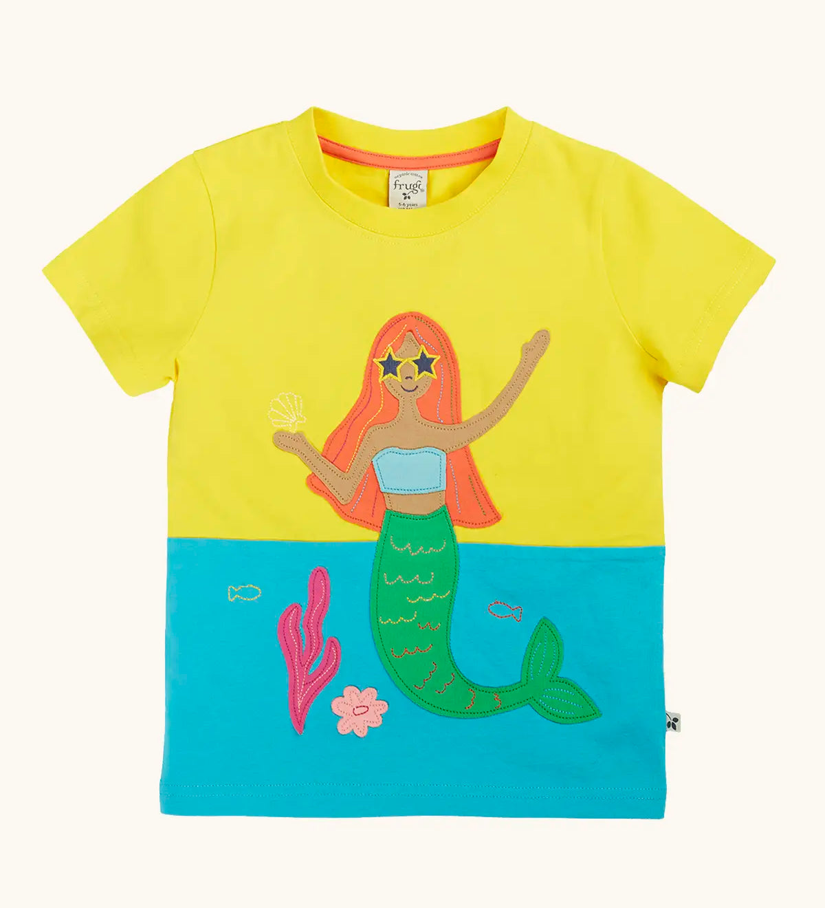 Frugi GOTS organic cotton Poldhu hotchpotch short sleeve t-shirt in yellow and aqua with a mermaid patch on the front