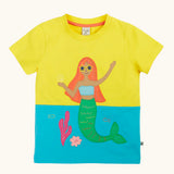 Frugi GOTS organic cotton Poldhu hotchpotch short sleeve t-shirt in yellow and aqua with a mermaid patch on the front