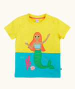 Frugi GOTS organic cotton Poldhu hotchpotch short sleeve t-shirt in yellow and aqua with a mermaid patch on the front