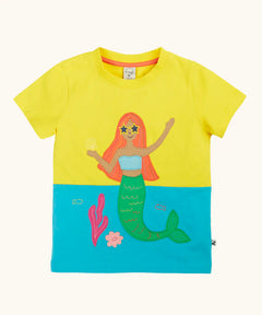 Frugi GOTS organic cotton Poldhu hotchpotch short sleeve t-shirt in yellow and aqua with a mermaid patch on the front