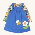 Frugi Polly Pinafore Outfit - Blue Tang/Retro Happy. A beautiful, organic cotton outfit with a blue, adjustable strap pinafore dress, and a long sleeve Retro Happy print top.