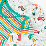 A closer look at the stripe and vehicle print on the Frugi Super Special 2 Pack Body - Let'S Go!/Iguana Multi Stripe