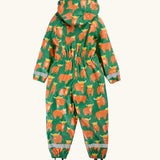 Frugi waterproof Highland cow puddle buster all in one hooded suit in green showing reflective strips on the cuffs and elasticated  band on the upper back.