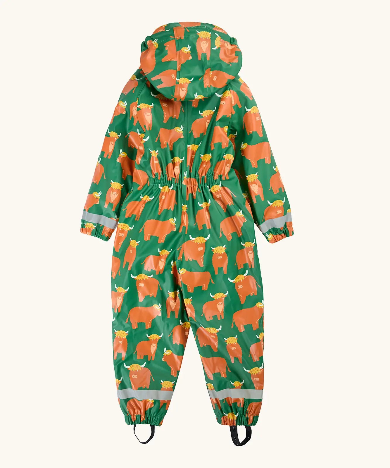 Frugi waterproof Highland cow puddle buster all in one hooded suit in green showing reflective strips on the cuffs and elasticated  band on the upper back.