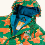 Frugi Highland cow waterproof puddle buster all in one hooded suit laid flat showing the blue fleece inner and zip fastener