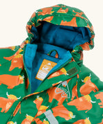 Frugi Highland cow waterproof puddle buster all in one hooded suit laid flat showing the blue fleece inner and zip fastener