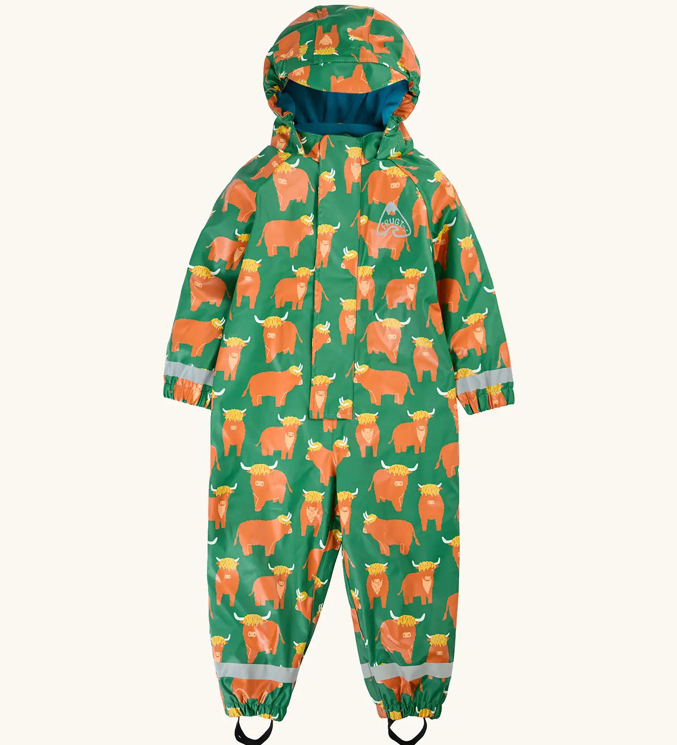 Frugi waterproof puddle buster all in one hooded suit in green with a repeating Highland cow design and aqua fleece inner 