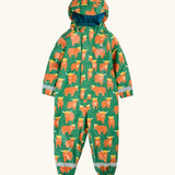 Frugi waterproof puddle buster all in one hooded suit in green with a repeating Highland cow design and aqua fleece inner 