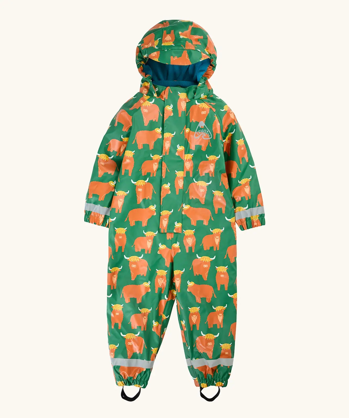 Frugi waterproof puddle buster all in one hooded suit in green with a repeating Highland cow design and aqua fleece inner 
