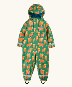 Frugi waterproof puddle buster all in one hooded suit in green with a repeating Highland cow design and aqua fleece inner 
