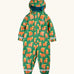 Frugi waterproof puddle buster all in one hooded suit in green with a repeating Highland cow design and aqua fleece inner 