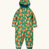 Frugi waterproof puddle buster all in one hooded suit in green with a repeating Highland cow design and aqua fleece inner 