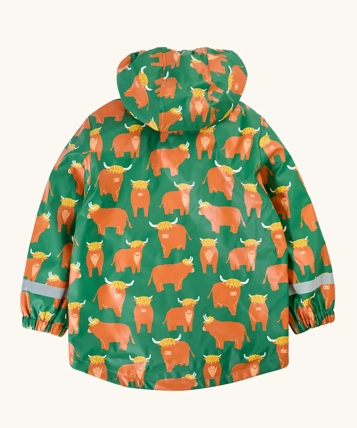 Back of the Frugi waterproof puddle buster coat in highland grazing. A green hooded coat with a repeating Highland cow design, side pockets and a blue fleece inner