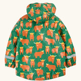 Back of the Frugi waterproof puddle buster coat in highland grazing. A green hooded coat with a repeating Highland cow design, side pockets and a blue fleece inner